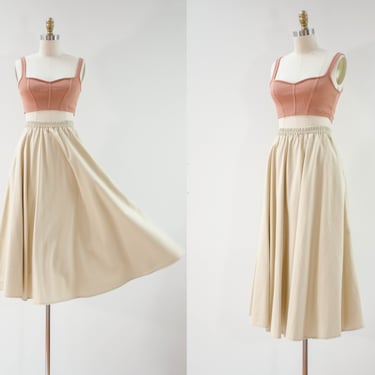 beige linen skirt | 90s vintage tan academia cottagecore fit and flare long flowy midi skirt 