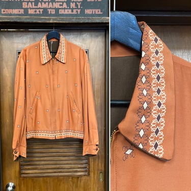 Vintage 1950’s Size XL Atomic Pattern Gabardine Rockabilly Jacket, Rust Orange, Reversible to Brown, 50’s Vintage Clothing 