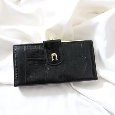vintage leather wallet - 70s 80s womens black clutch billfold bill fold 
