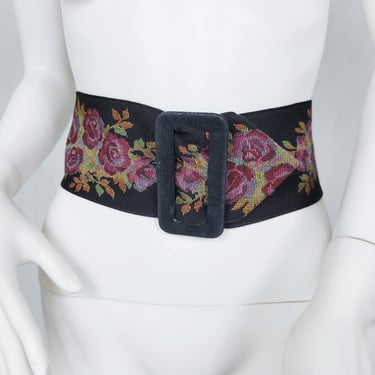 1970's Black Rose Print Wide Woven Tapestry Belt I Sz 3.5