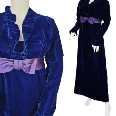 1970's Blue Velvet Empire Waist Long Maxi Dress I Sz Med I Bridgerton Dress 