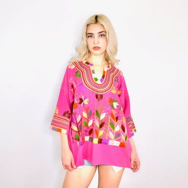 Oaxacan Blouse // vintage 70s 1970s hand embroidered boho hippie tunic hippy pink cotton Mexican // O/S 
