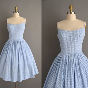 vintage 1950s Dress | Blue Gingham Print Cotton Summer Full Skirt Dress | Large 