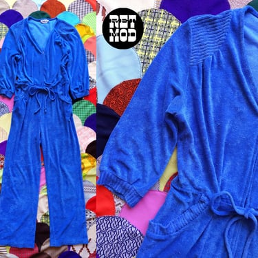 Cozy Cool Vintage 70s 80s Bue Terrycloth Jumpsuit with Zip Front 