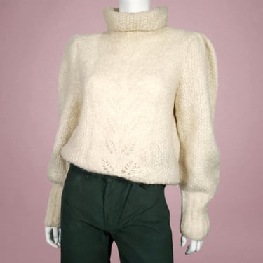 1960s vintage mohair sweater handknit ivory chunky knit ribbing puff sleeves turtle cowl neck relaxed fit princess (M) 