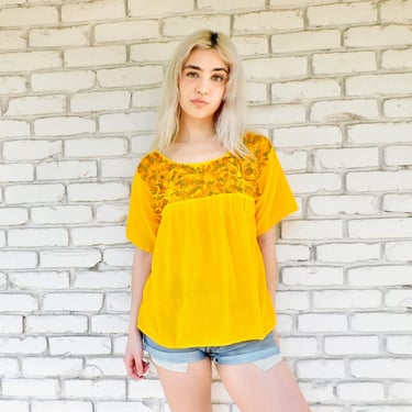Gauze Hand Embroidered Mexican Blouse // vintage 70s 1970s yellow boho hippie tunic hippy cotton Oaxacan 70's 1970's // S Small 