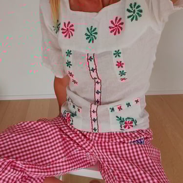 Vintage Embroidered Gauzy Peasant Blouse | Square Neckline Boho Folk Blouse | Romantic Cottagecore 
