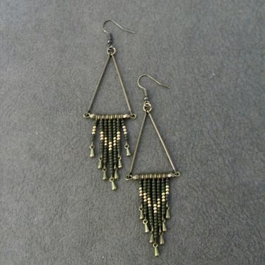 Bronze and army green long seed bead earrings 