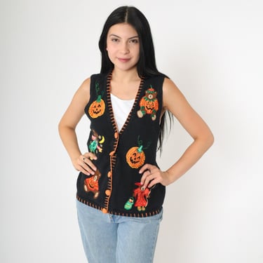 90s Halloween Sweater Vest Teddy Bear Pumpkin Tank Top Black Knit Vest Sleeveless Sweater Vest 1990s Vintage Button Up Medium 