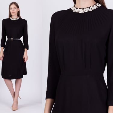 1940s Gothic Black & White Beaded Collar Dress - Petite Medium | Vintage 40s Knee Length Pintucked Long Sleeve Dress 