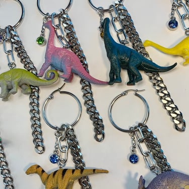Vintage toy charm earring, dinosaur charm earring, single toy charm earring, rhinestone chain charm earring, 90’s toy charm earring 