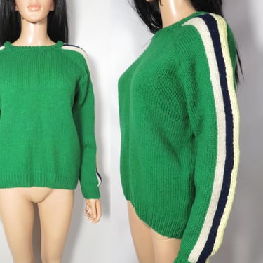 Vintage 70s Tri Color Striped Sleeve Hand Knit Sweater Size S/M 