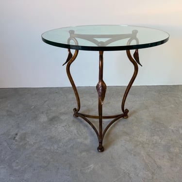 Vintage Hollywood Regency Gold Metal Side Table with Leaf Motif and Glass Top 