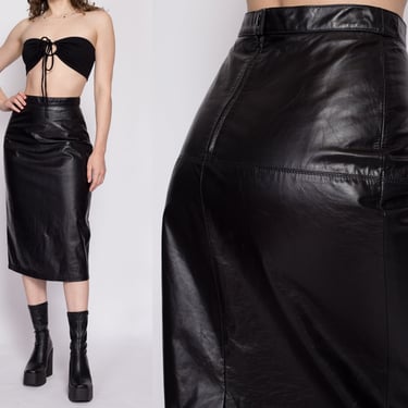 Vintage Wilsons Black Leather Midi Skirt - Small to Medium, 27" | 80s 90s High Waisted Minimalist Gothic Rocker Skirt 