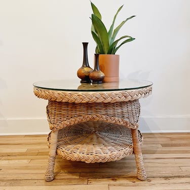 Braided Wicker Table with Beveled Glass Top