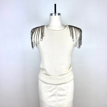 Vintage 80s Sweater / White Silver Beaded Disco Top / Epaulettes Sleeveless Top / 1980s Shirt Women / Ivory Cream 