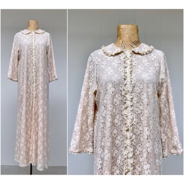 Vintage 1960s Floral Lace Robe, 60s Blush Nylon Dressing Gown, Miss Elaine Maxi, Medium to Large 38