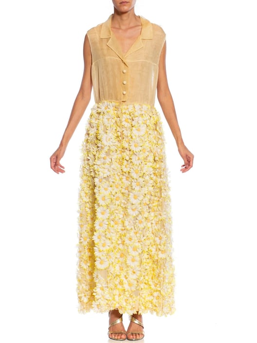 1960S Beige & Yellow Silk Organza Gown Covered In Flowers 