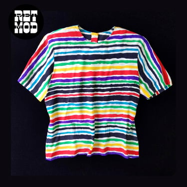 Happy Vintage 80s 90s Rainbow Stripe Silk Short Sleeve Blouse 