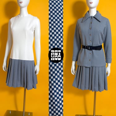 MOD DREAM SET Vintage 60s 70s Navy Blue & White Checkerboard Patterned Drop Waist Dress with Matching Collared Jacket 