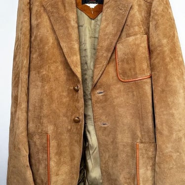 Vintage 1970s Men’s Soft Suede Tan Coat Blazer Jacket, 45