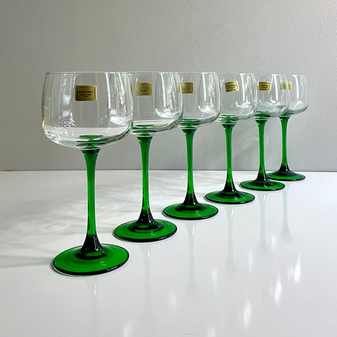 1950s French Luminarc Green Stemmed Wine Glasses- Set of 4