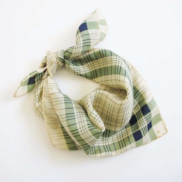 Vintage Silk Scarf - Square Mint Green Plaid Silk Kerchief - Green Yellow  Silk Bandana by Echo 