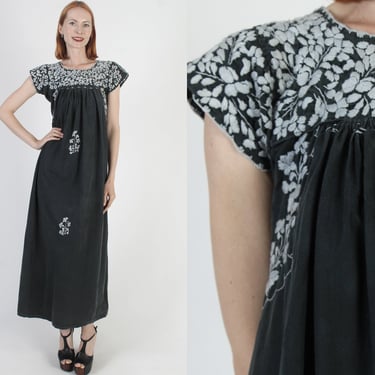 Black Oaxacan Maxi Dress All White Floral Embroidery San Antonio South American Style Made In Mexico Long Dress 
