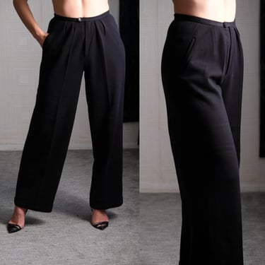 Vintage 80s SONIA RYKIEL Black Stretch Wool High Waist Cuffed Wide leg Pants | Made in France | 100% Wool | 1980s Designer Flare Leg Pants 