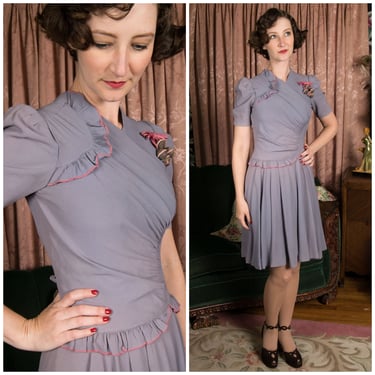 1930s Dress - Darling Late 30s Vintage Rayon Day Dress with Puffed Sleeves and Asymmetric Ruffles in Pale Periwinkle 