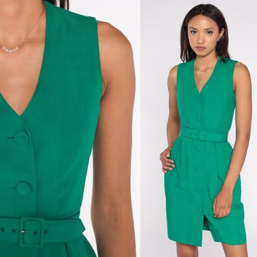 Green Mini Dress 90s V Neck Sheath Plain Button Up Vintage 1990s Sleeveless Belted Fitted Plain Rayon Blend High Waisted Extra Small xs 2 