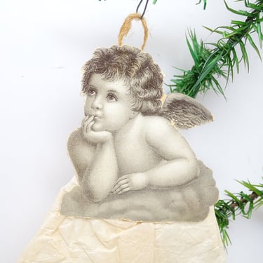 Antique Large Early 1900's 9 Inch Victorian Angel Die Cut with Tissue Paper Dress Antique Christmas Ornament, Vintage Holiday Putti 