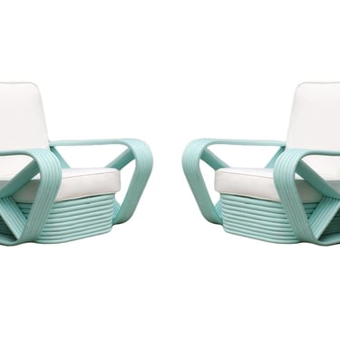Restored pair Teal Square Pretzel Stacked Rattan Lounge Chairs in Style of Frankl 
