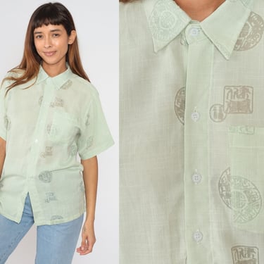 90s Quiksilver Shirt Surfer Top Semi-Sheer Green Button up Shirt Asian Inspired Medallion Print Short Sleeve Collared Vintage 1990s Large L 
