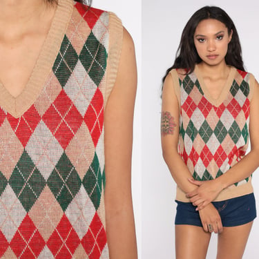 Argyle Sweater Vest Top Knit Vest Checkered Vest 80s Vintage Sleeveless V Neck Nerd Sweater 70s Acrylic Tan Red Green Medium 