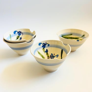 Studio Pottery Noodle Bowls with Chopstick Rests - Set of 4 
