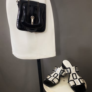etienne aigner mod color block black and white patent leather shoe, clear lucite cutout sandal 