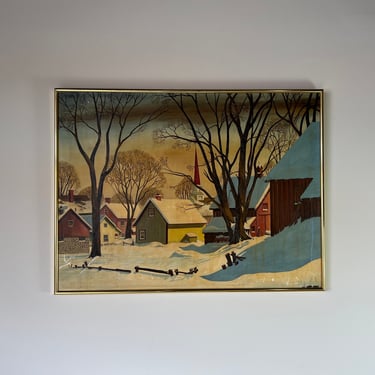 60's S. Bier Winter Fall Village Landscape Oil Painting, Frame 