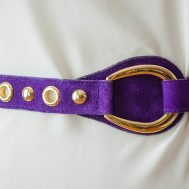 purple suede belt | 80s vintage avant garde designer gold studded purple leather statement  belt 