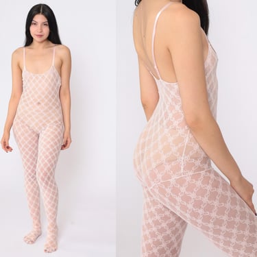 Sheer Lace Bodystocking Lingerie Bodysuit Jumpsuit 80s Baby Pink One Piece Romper Footie Pants Vintage Sexy Pastel Spaghetti Strap 