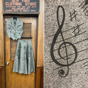 Vintage 1950’s Original Music Note Felt Rockabilly Two Piece Outfit Set, Vest & Circle Skirt, 1950’s 2 Piece Set, Music Note, Skirt Set, 
