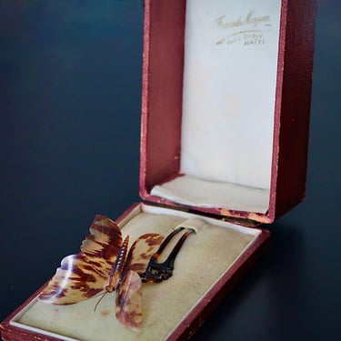 Antique French Carved Figural Butterfly Tremblant Hair Comb w Fitted Case 