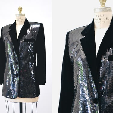 90s Vintage Black Sequin Jacket Blazer Medium//  90s Glam Party Black Sequin Jacket Size Small Medium By Criscione Party Jacket 