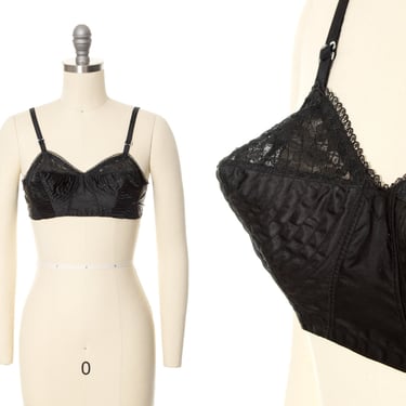 Vintage 1950s Bullet Bra | 50s Circle Stitch Black Satin Lace Pointed A Cups Pin Up Sweater Girl Lingerie (x-small) 