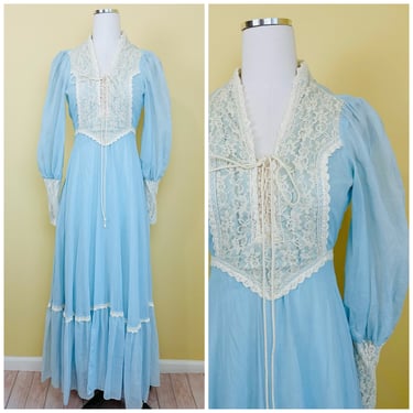 1970s Vintage Gunne Sax Black Label Maxi Dress / 70s Cotton Blend Baby Blue and Lace Corset Romantic Prairie Gown / XS 