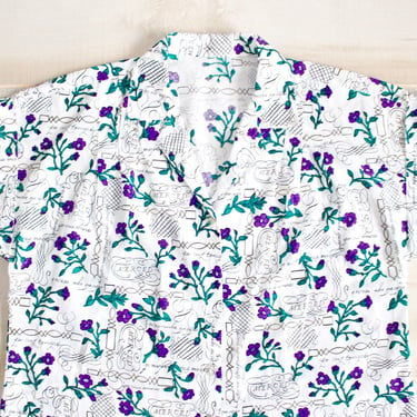 Vintage 60s Novelty Print Shirt, 1960s Botanical Floral Print, Button Up, Collar, White, Short Sleeve, Blouse 