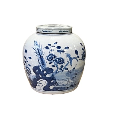 Chinese Blue & White Flower Bird Graphic Porcelain Ginger Jar ws2990E 
