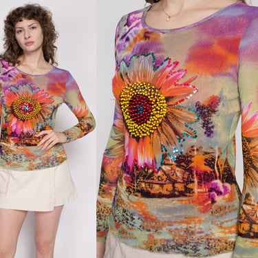 Sm-Med Y2K Sunflower Mesh Shirt | Vintage Colorful Floral Beaded Sequin Long Sleeve Top 