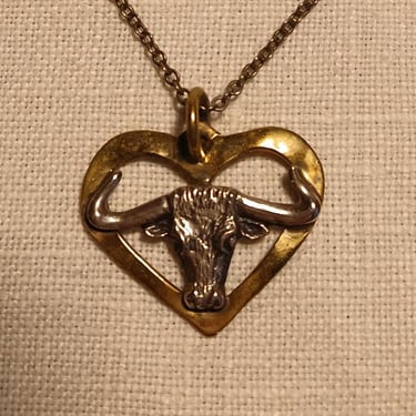 Vintage Longhorn .925 Sterling Silver and Brass Necklace / Texas Longhorn Necklace 