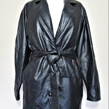 Vintage 1980s Wilsons Black Leather Short Trench Coat, Jacket with Belt, XS Women 